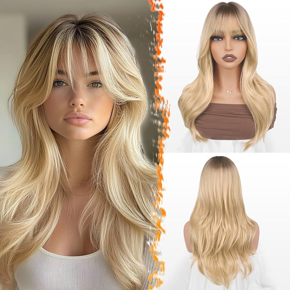 BARSDAR Ombre Blonde Layered Wig with Bangs - 20 Inch Blonde Ombre Layered Wig with Dark Roots fo... | Amazon (US)