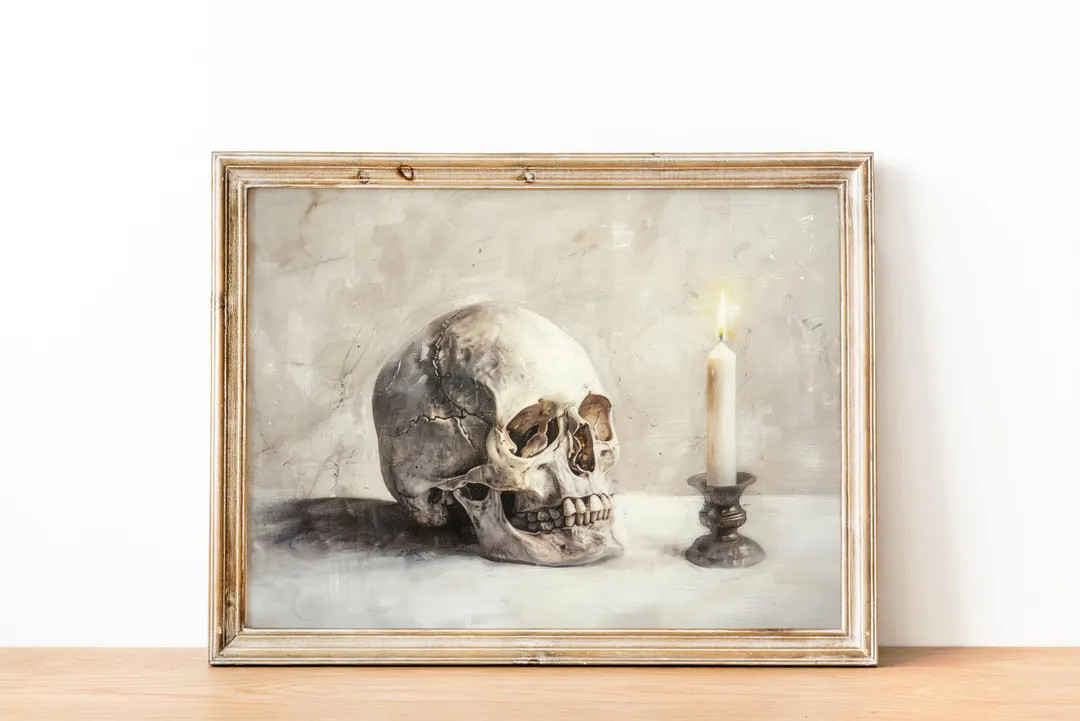 Vintage Skull With Candle, Moody Halloween Wall Art, Gothic Still Life Print, Digital Download, P... | Etsy (US)