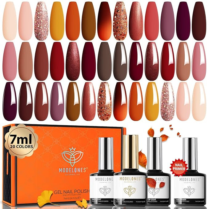 Modelones 24 Pcs Fall Gel Nail Polish Kit 7 ML, 20 Colors Orange Glitter Brown Nude Gel Polish Se... | Amazon (US)