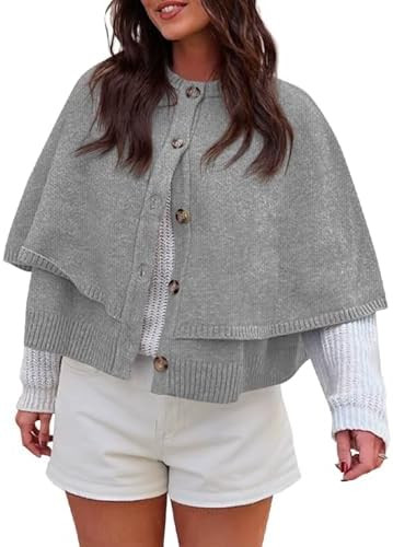 Saodimallsu Womens Cropped Cape Cardigan Button Up Crew Neck Jacket Shawl Fall Trendy Knit Sweate... | Amazon (US)