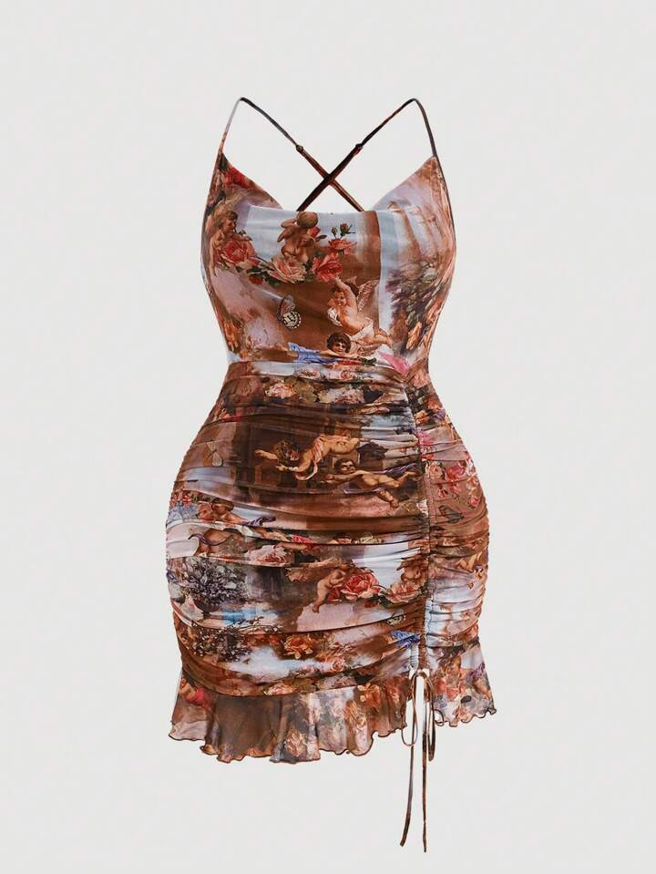 SHEIN MOD Plus Angel Print Drawstring Ruched Ruffle Hem Mesh Cami Dress | SHEIN