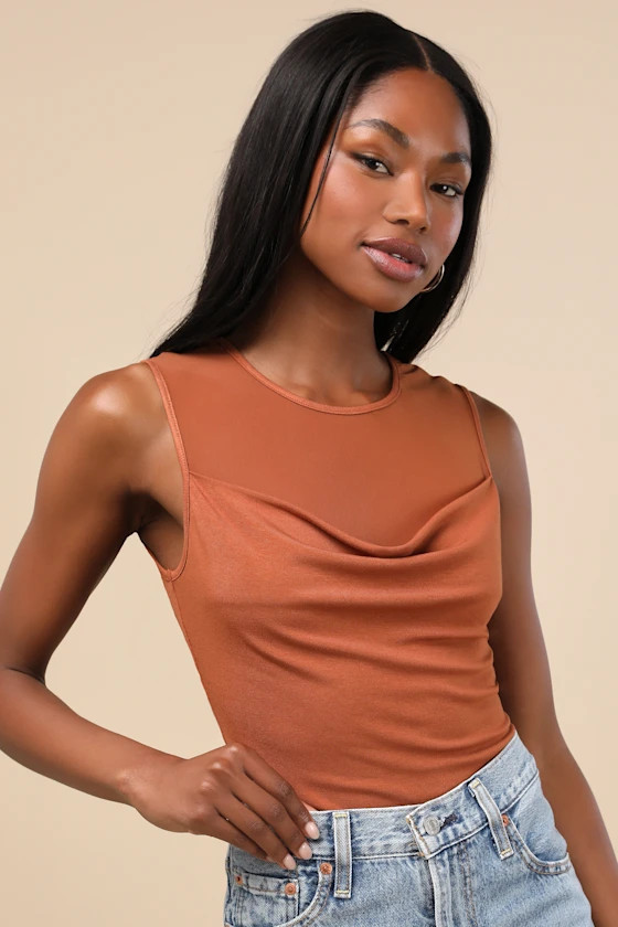 Corrine Rust Orange Mesh Cowl Tank Top | Lulus