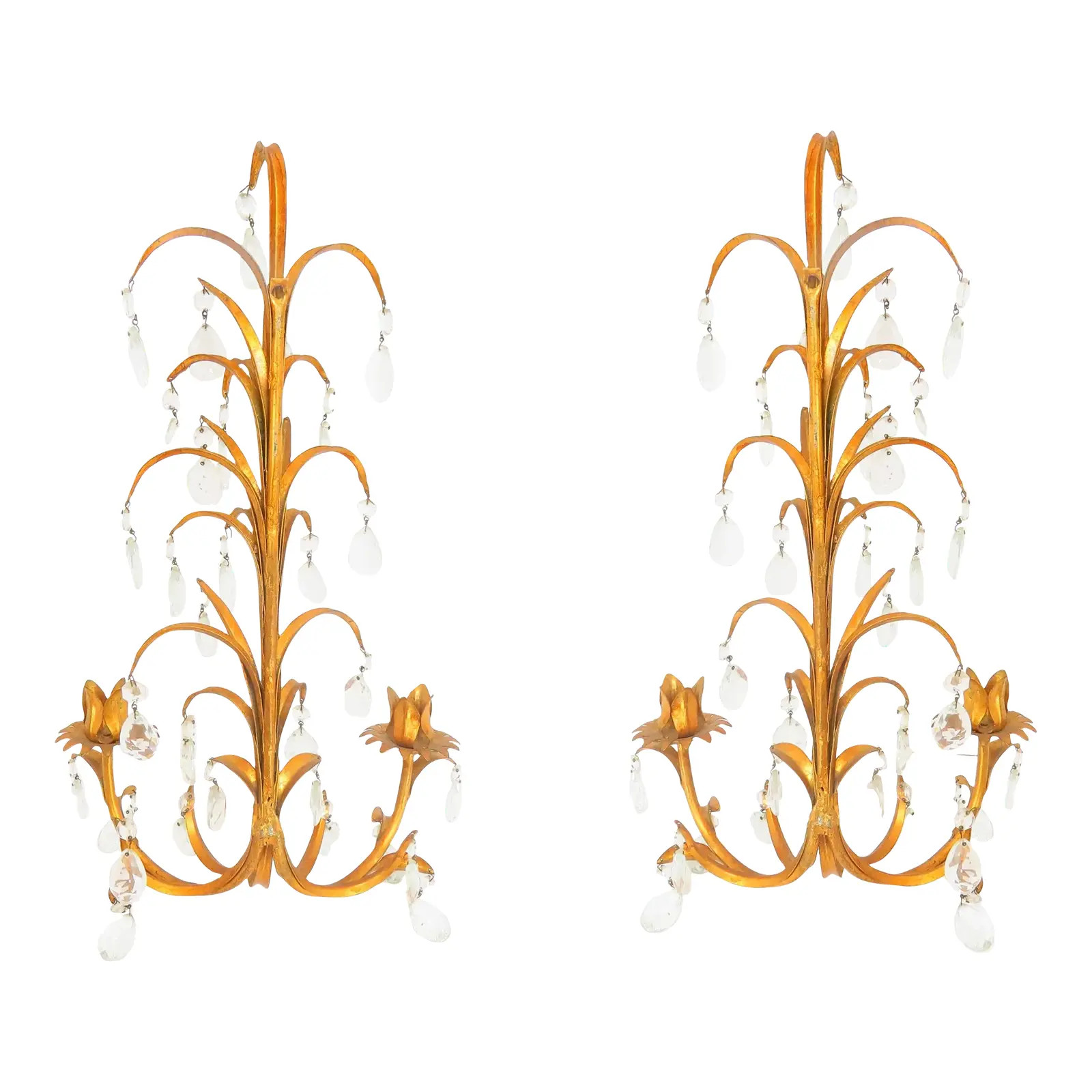 Vintage 1970s Italian Gilt Metal 2-Arm Candle Sconce With Glass Prisms - a Pair | Chairish