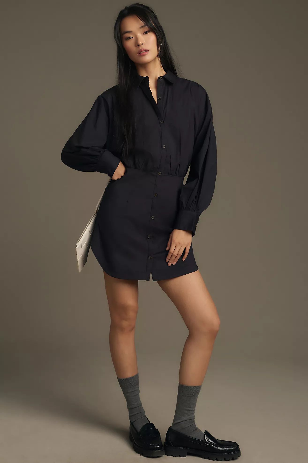 Maeve Long-Sleeve Poplin Mini Shirt Dress | Anthropologie (US)