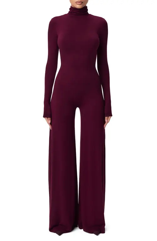 Naked Wardrobe Sculpt Turtleneck Wide Leg Jumpsuit in Dark Plum at Nordstrom, Size Medium | Nordstrom