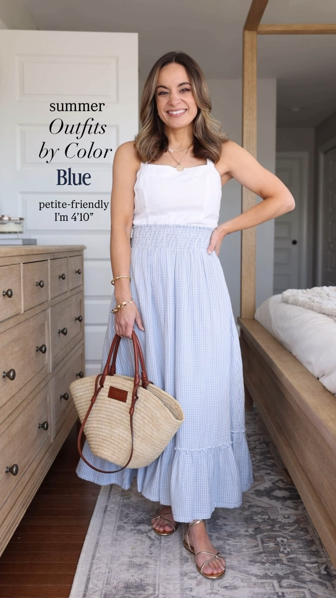 Summer outfits by color series: blue! 

Outfit 1 
Skirt (Quince): xs 
Top (Quince): xs 
Sandals (Sam Edelman): true to size 

Outfit 2 
Top (Anthropologie): xxs 
Shorts (BR Factory): xxs - sold out in stripe 😕
Sandals (Sam Edelman): true to size 

Outfit 3 
Dress (Nordstrom): xxs 
Sandals (Sam Edelman): true to size 

Outfit 4
Dress (Nordstrom): xxs 
Sandals (Sam Edelman): true to size 

My measurements for reference: I’m 4’10” and 105lbs. My bust, waist, and hip measurement is 32”, 24”, and 36”.