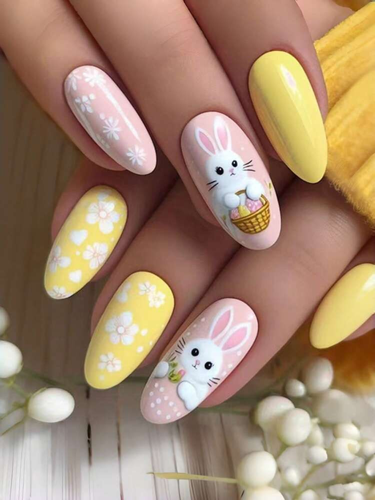 24pcs Easter Theme Oval Nail Stickers, Featuring Pink And Yellow Rabbit Patterns, Glossy Finish, ... | SHEIN