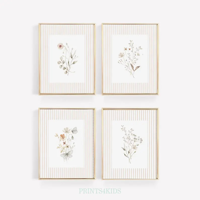 Wildflower Set of 4 Prints for Nursery, Neutral Girls Room Decor, PRINTABLE Floral Wall Art, Vint... | Etsy (US)