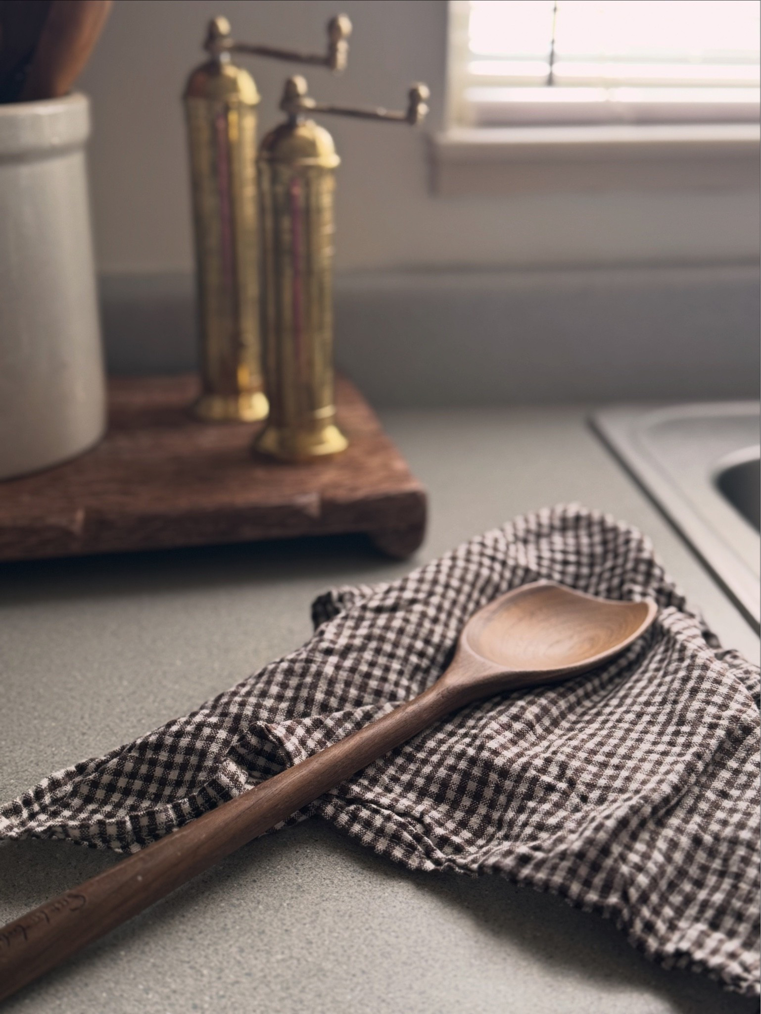 Wood utensils, gingham towel, brass salt and pepper grinders

#LTKSeasonal #LTKHome #LTKSaleAlert