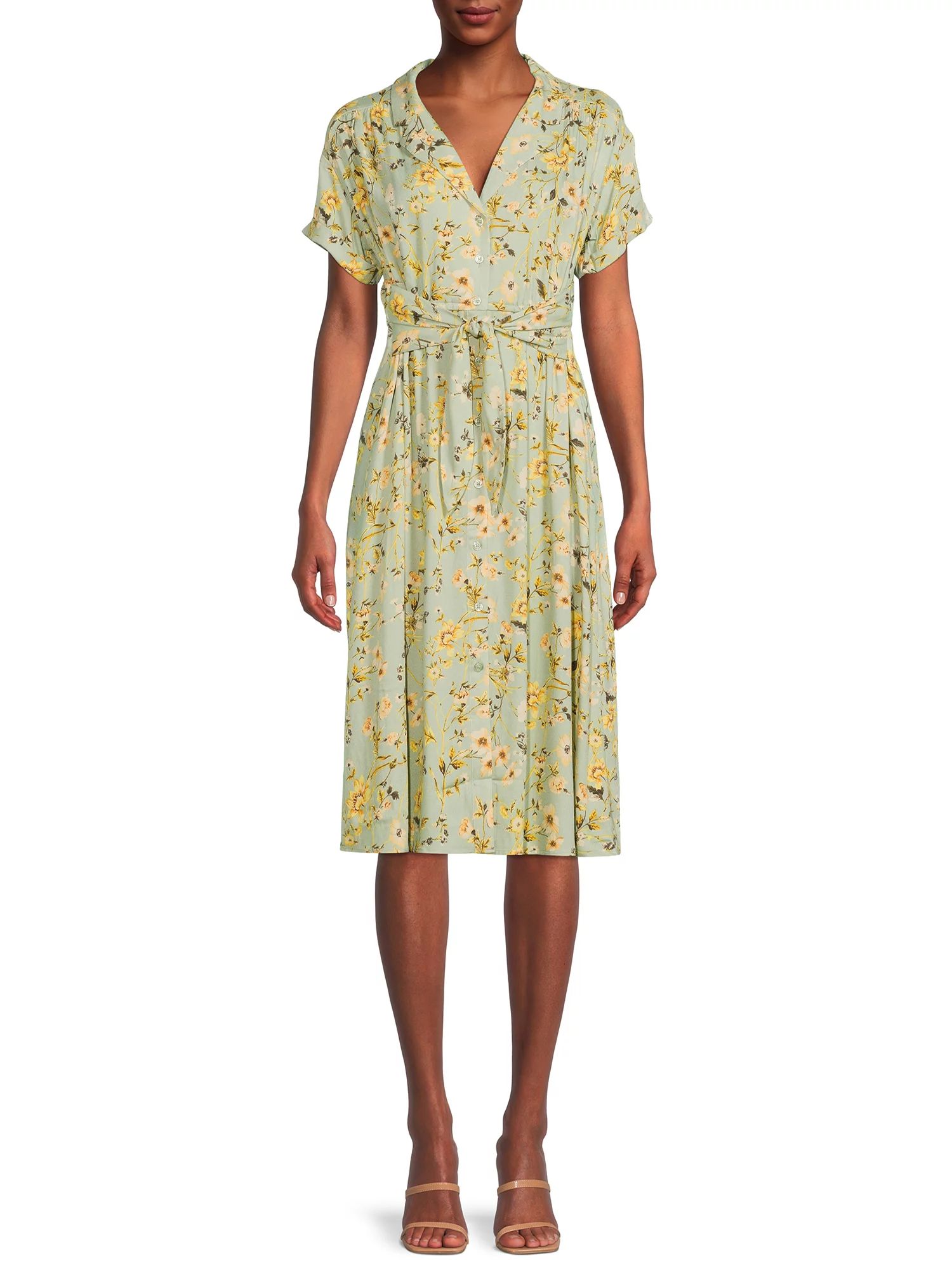 Time and Tru Women's Short Sleeve Woven Shirt Dress with Tie Front - Walmart.com | Walmart (US)