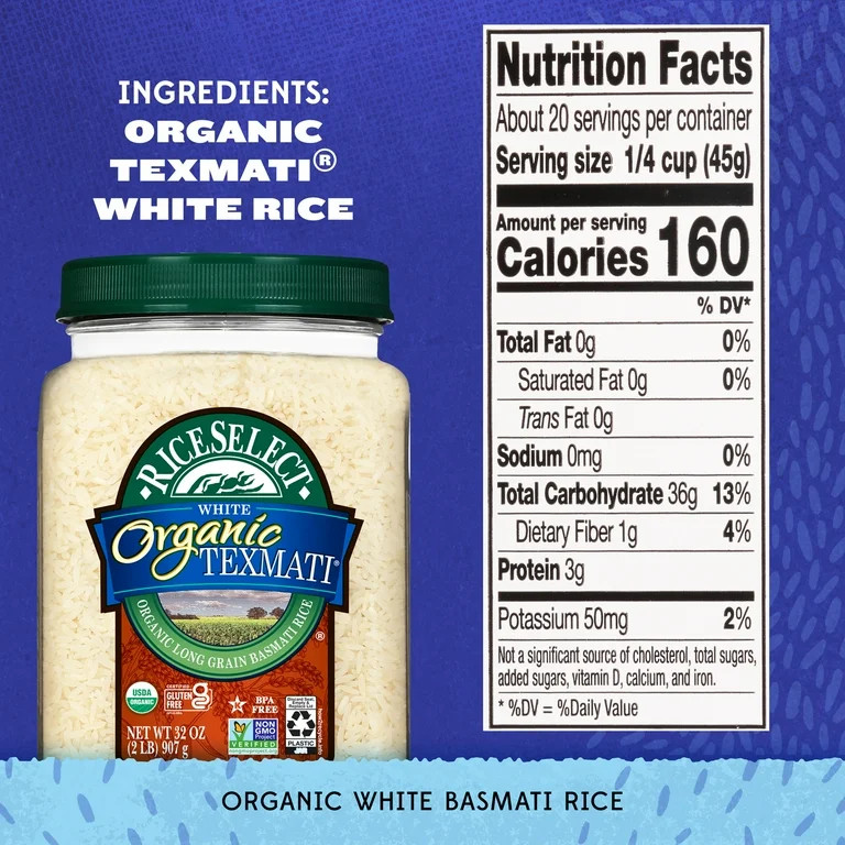 RiceSelect Organic Texmati White Rice, American-Style Basmati Rice, 2 lb Jar | Walmart (US)