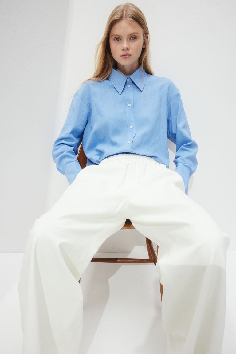 Oversized linen-blend shirt - Long sleeve - Regular length - Blue - Ladies | H&M GB | H&M (UK, MY, IN, SG, PH, TW, HK)
