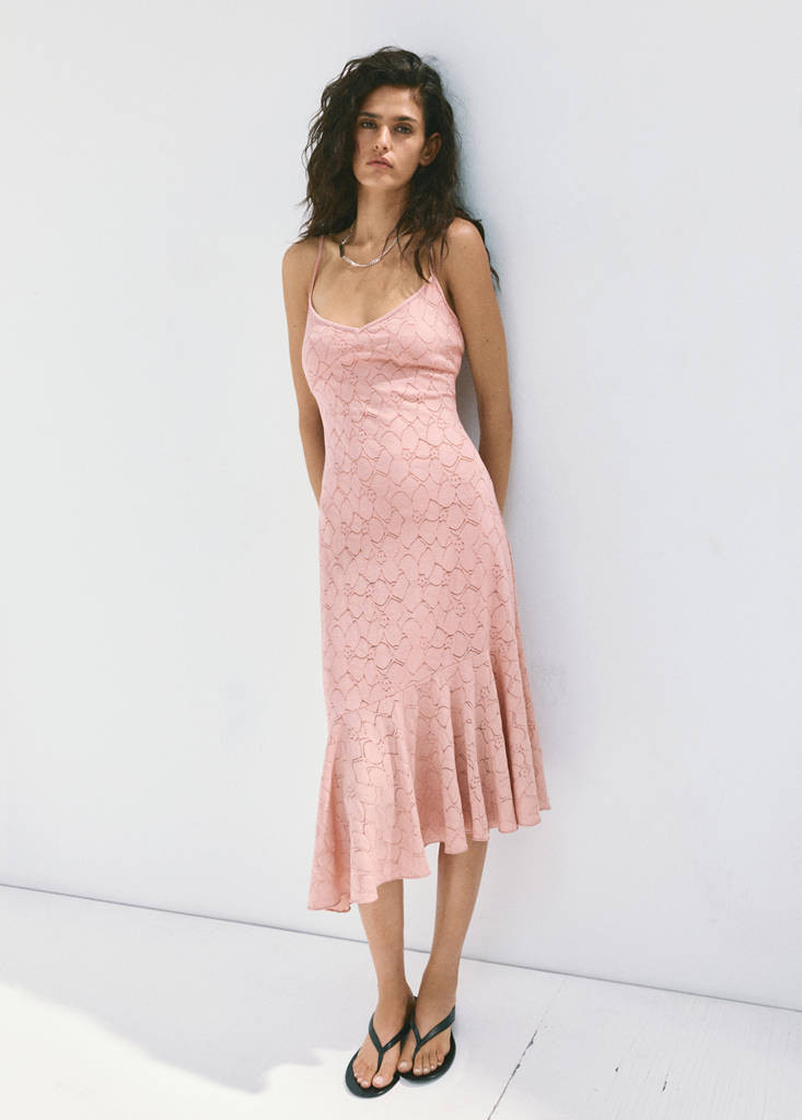Dress with openwork embroidery and flounce pale pink - Women - 2 - MANGO | Mango (US/MX/AU)