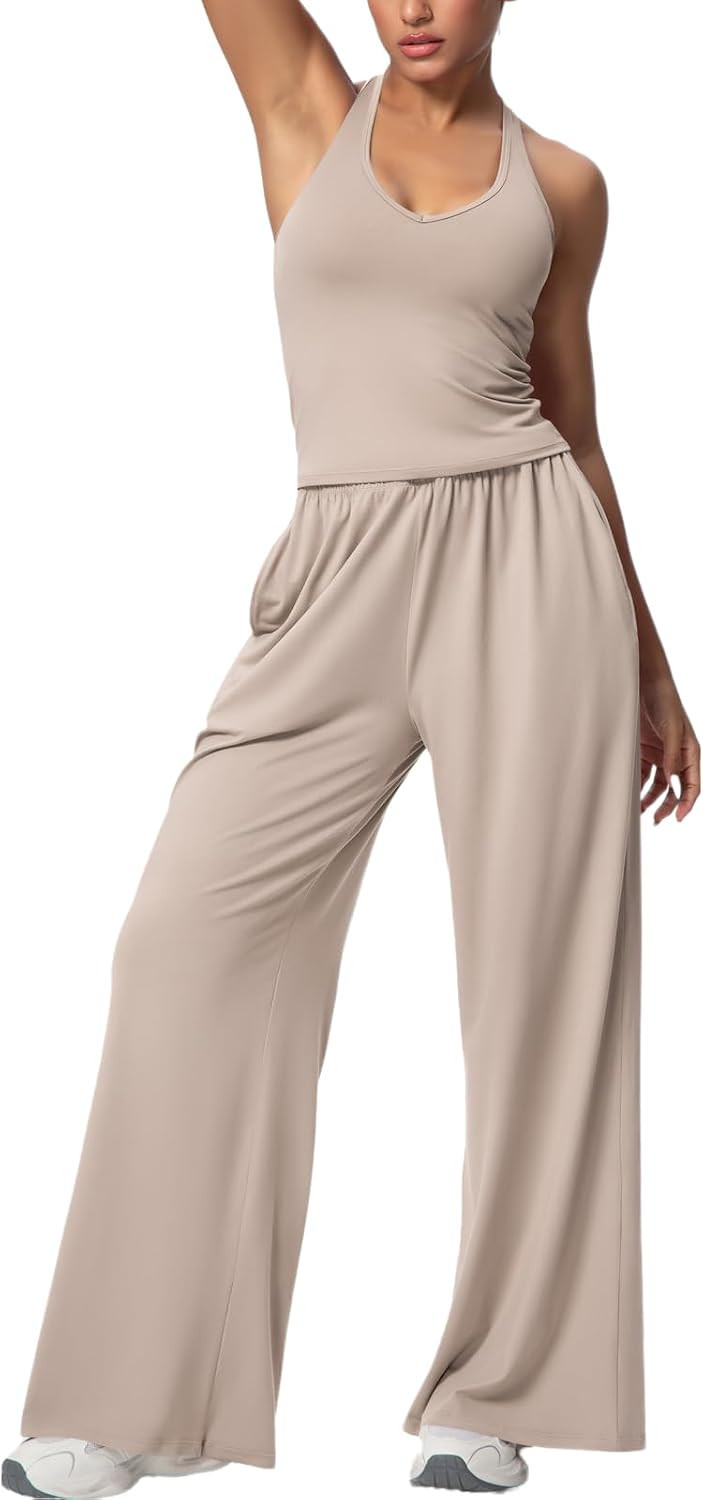 Women's 2 Piece Workout Sets Halter Strap Top Wide Leg Pants Gym Yoga Outfits Activewear Loungewear Pockets | Amazon (US)