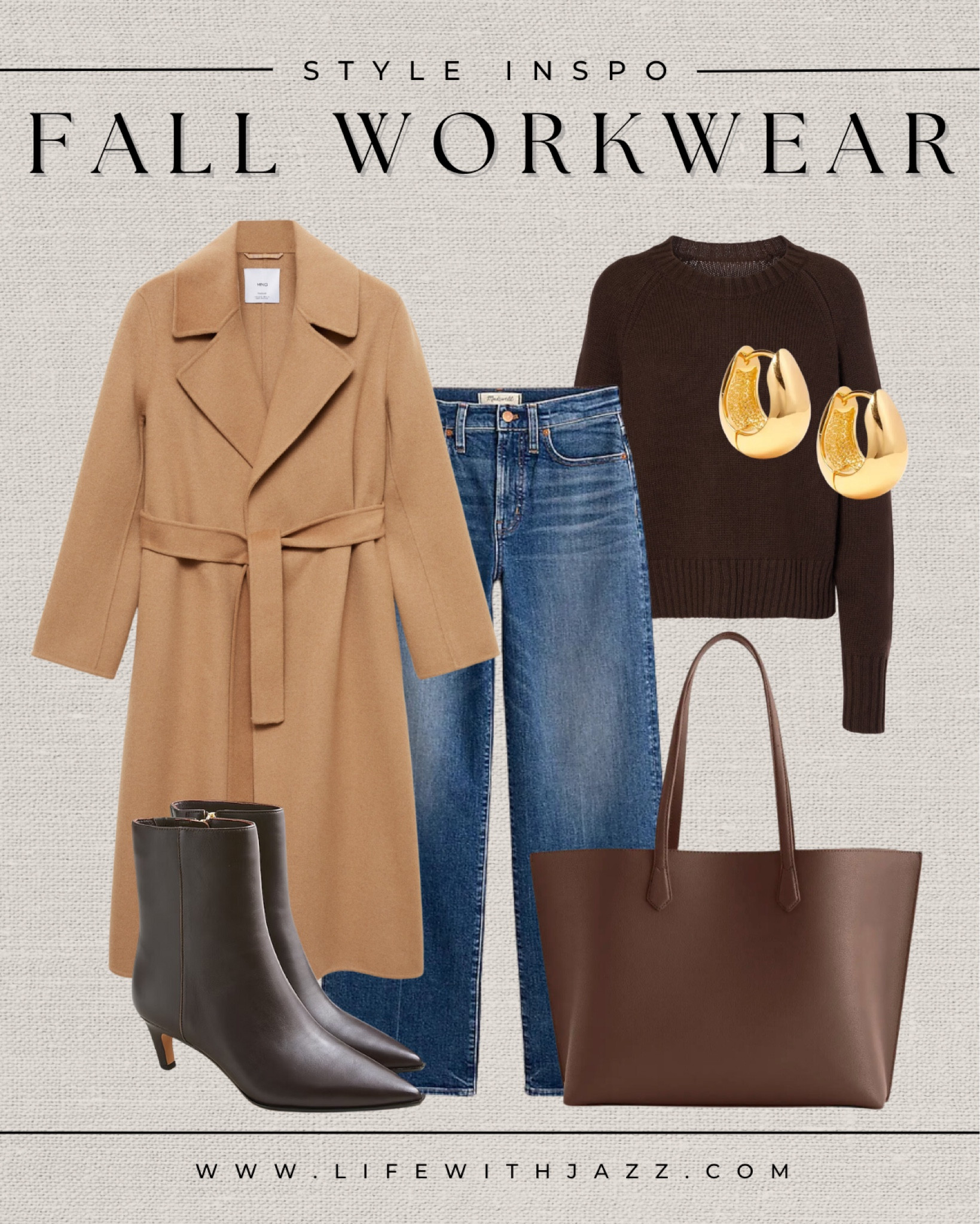Fall workwear / early winter 

Camel coat / chocolate brown sweater / dark blue wide leg jeans / chocolate brown kitten heel boots / brown work tote / gold earrings 

#LTKWorkwear #LTKStyleTip #LTKSeasonal