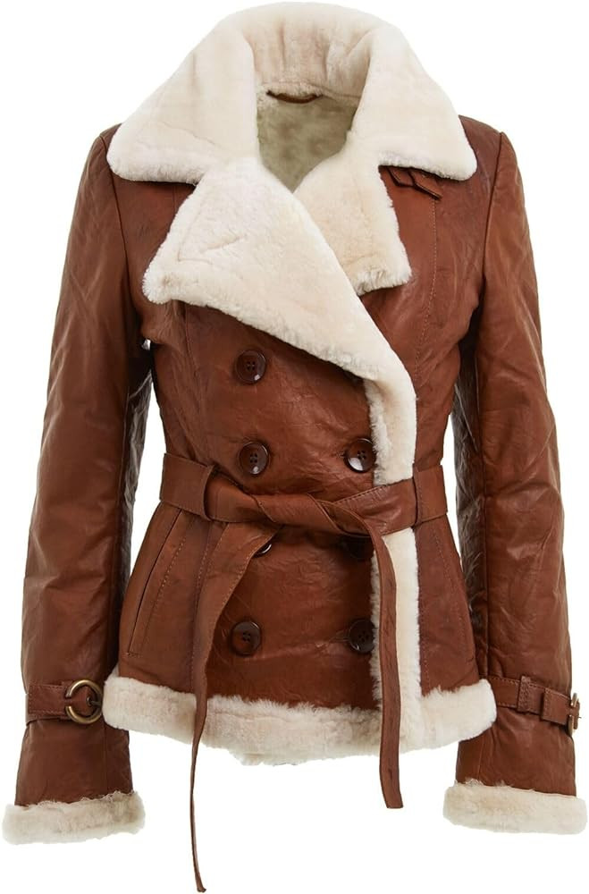 Women’s Tan Double Breasted Real Shearling Sheepskin Leather Pea Coat | Amazon (US)