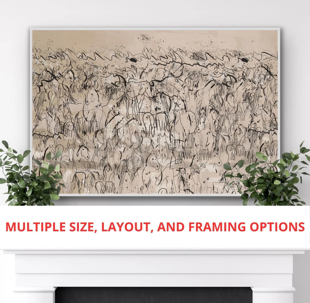 Herd of Horses Abstract Canvas Wall Art, Mid Century Modern Original Art Print, Large Wall Art Oi... | Etsy (US)