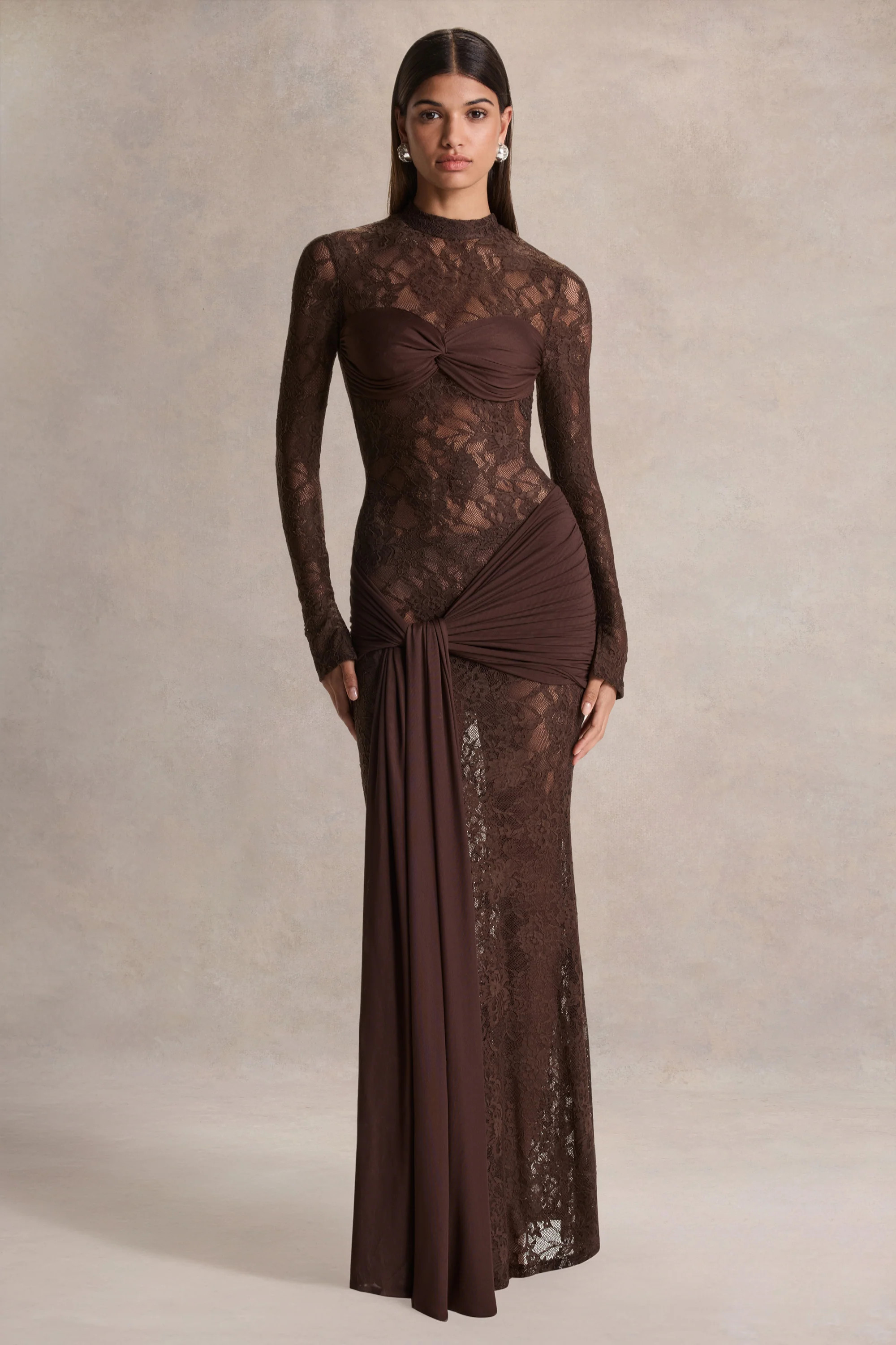Akira | Brown Lace Maxi Dress With Sash-Detail | Club L London