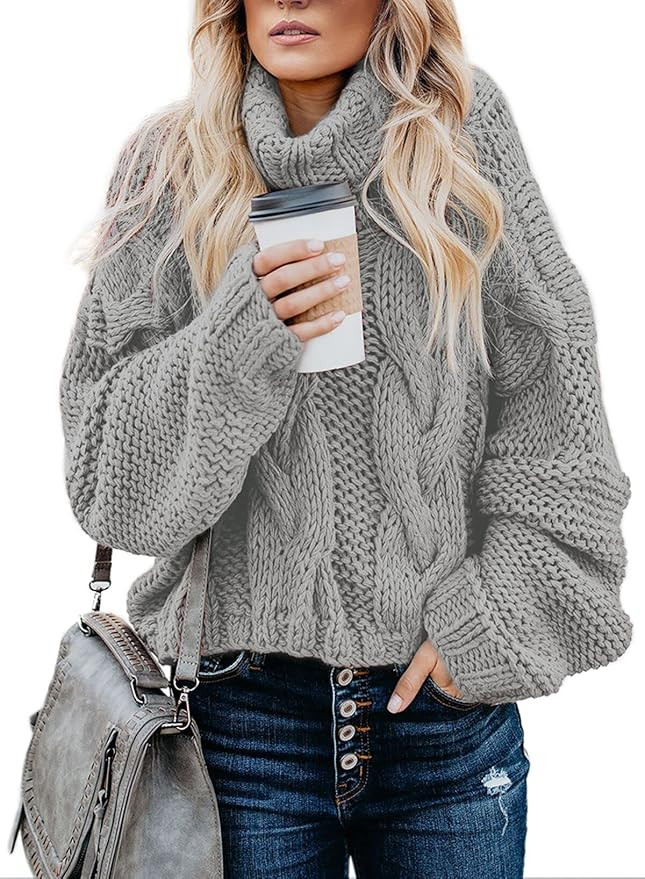 FARYSAYS Women's 2022 Turtleneck Balloon Long Sleeve Casual Loose Chunky Cable Knit Pullover Swea... | Amazon (US)