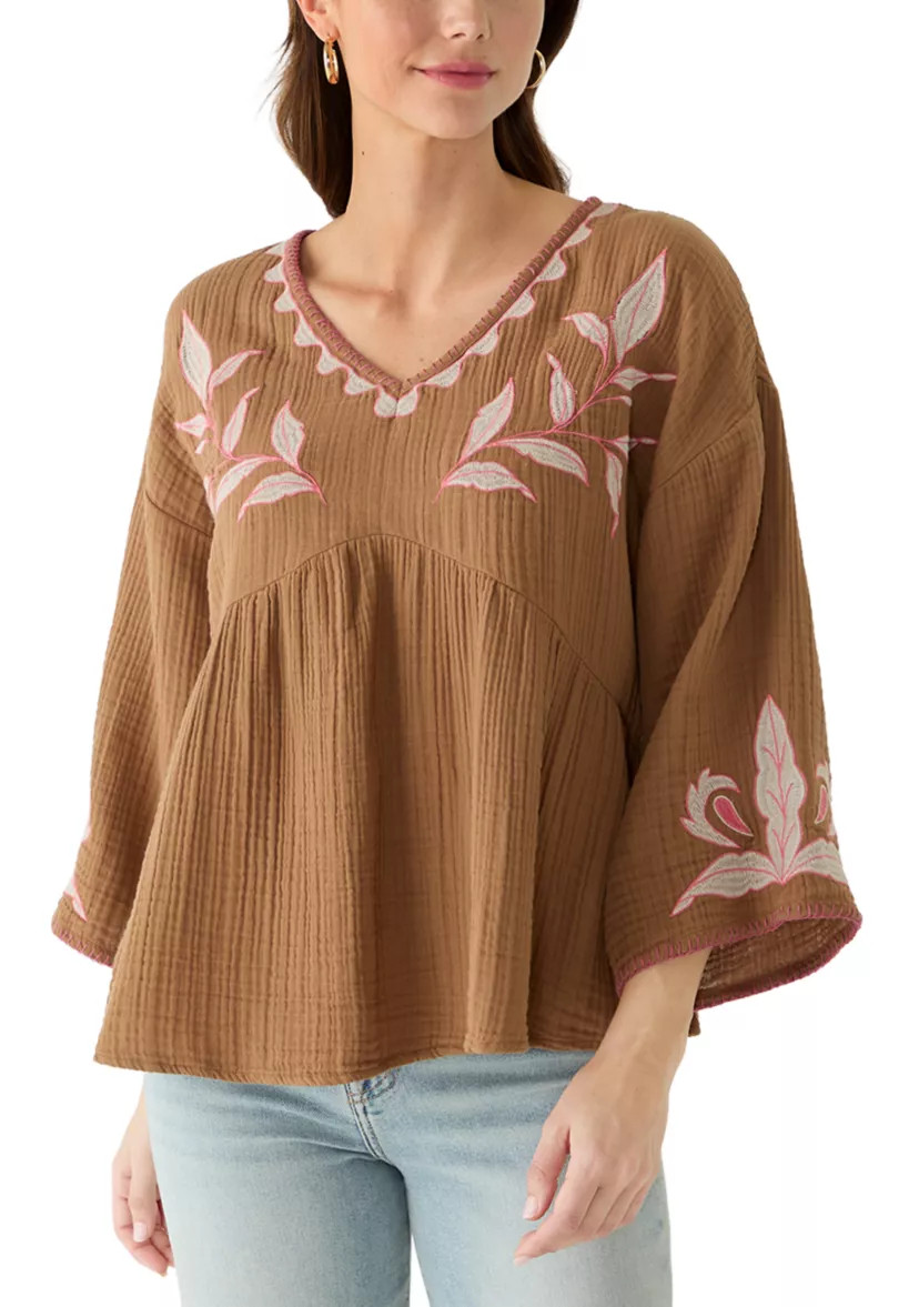 Women's Three-Quarter Sleeve Embroidered Top | Belk