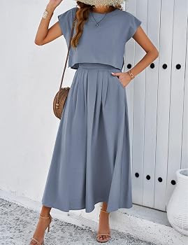 Mingzhu Womens 2 Piece Outfits Skirt Set Summer Casual Cap Sleeve Crop Tops Maxi Dress Sets with ... | Amazon (US)