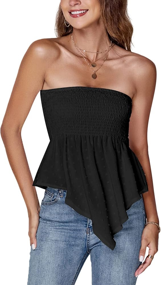 LYANER Women's Strapless Pleated Ruffle Hem Shirred Bandeau Sleeveless Tank Tube Top | Amazon (US)