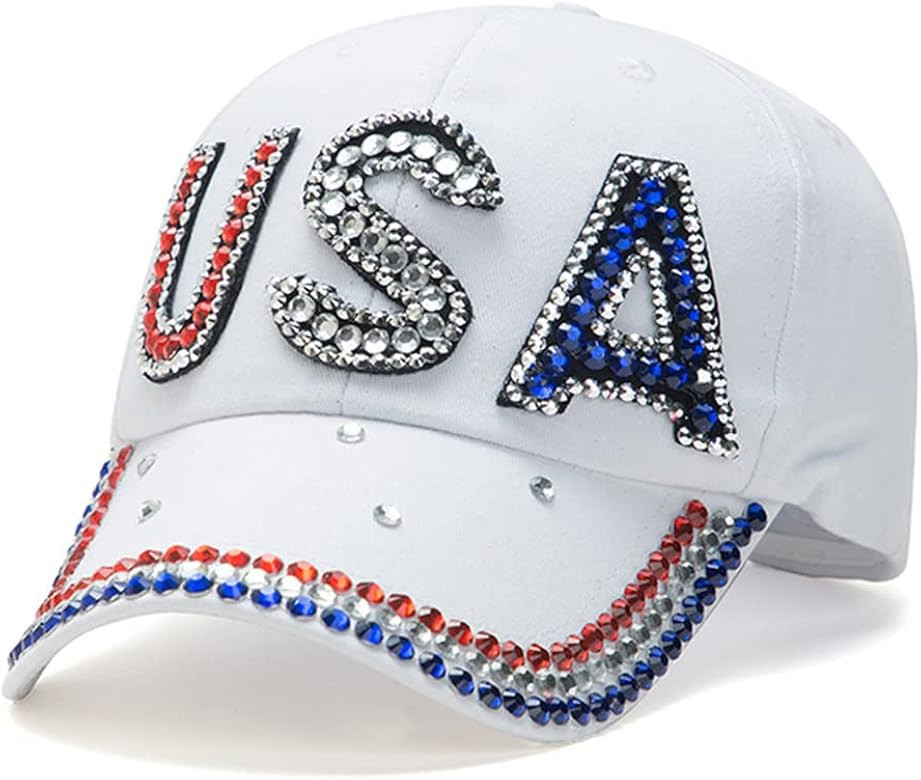 Gamusi Unisex USA American Flag Baseball Cap Denim Distressed Rhinestone Hat for Adults | Amazon (US)
