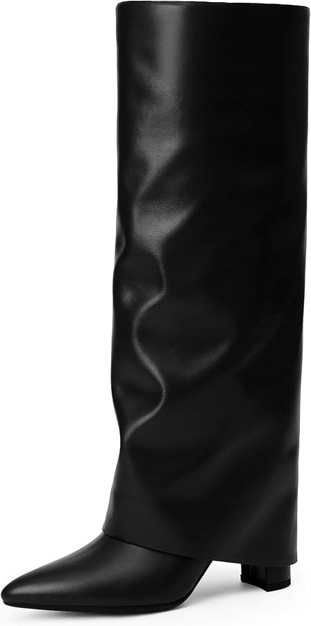 Knee High Boots Women Fold Over Boots Chunky Heel Pointed Toe Tall Boots | Amazon (US)