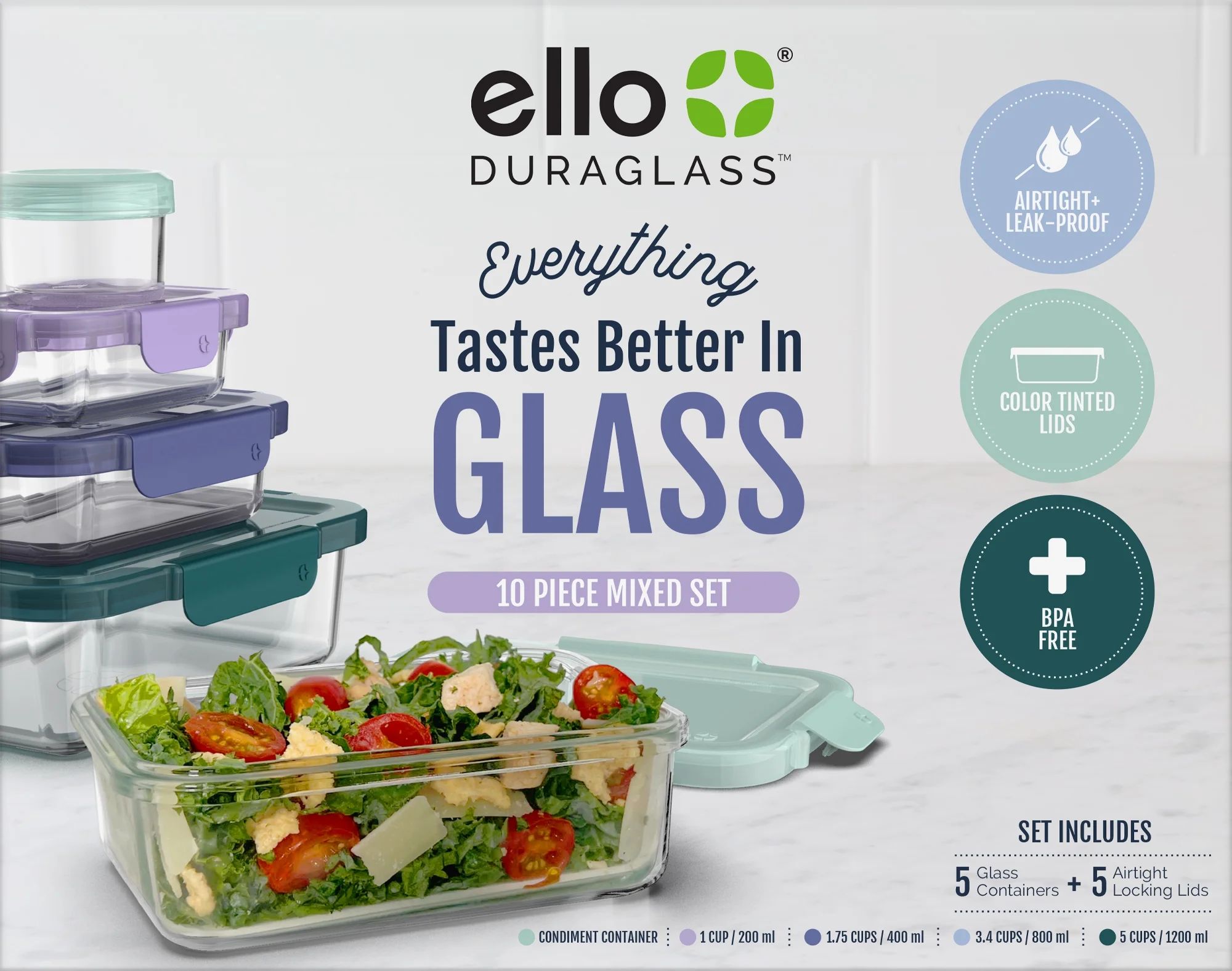 Ello Duraglass Glass Containers and Plastic Lids, 10 Piece Food Storage Containers, Set of 5 - Wa... | Walmart (US)