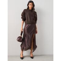 The Very Collection Lace Trim Satin Midi Skirt - Brown | Very (UK)