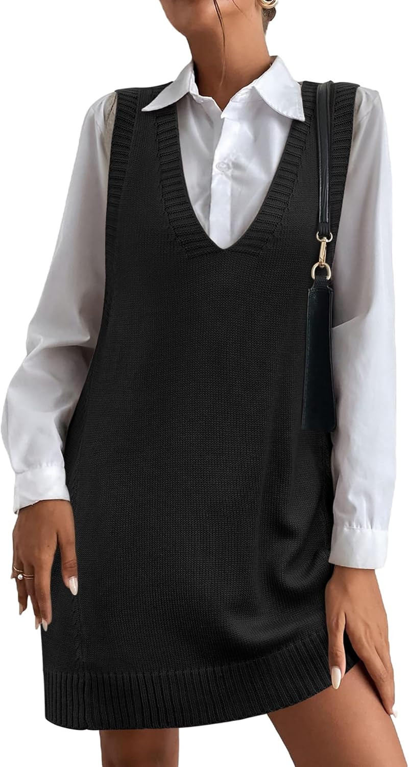 HOTOUCH Women Sweater Vest Oversized V Neck Sleeveless Knit Pullover Ribbed Vest Dress with Pocke... | Amazon (US)