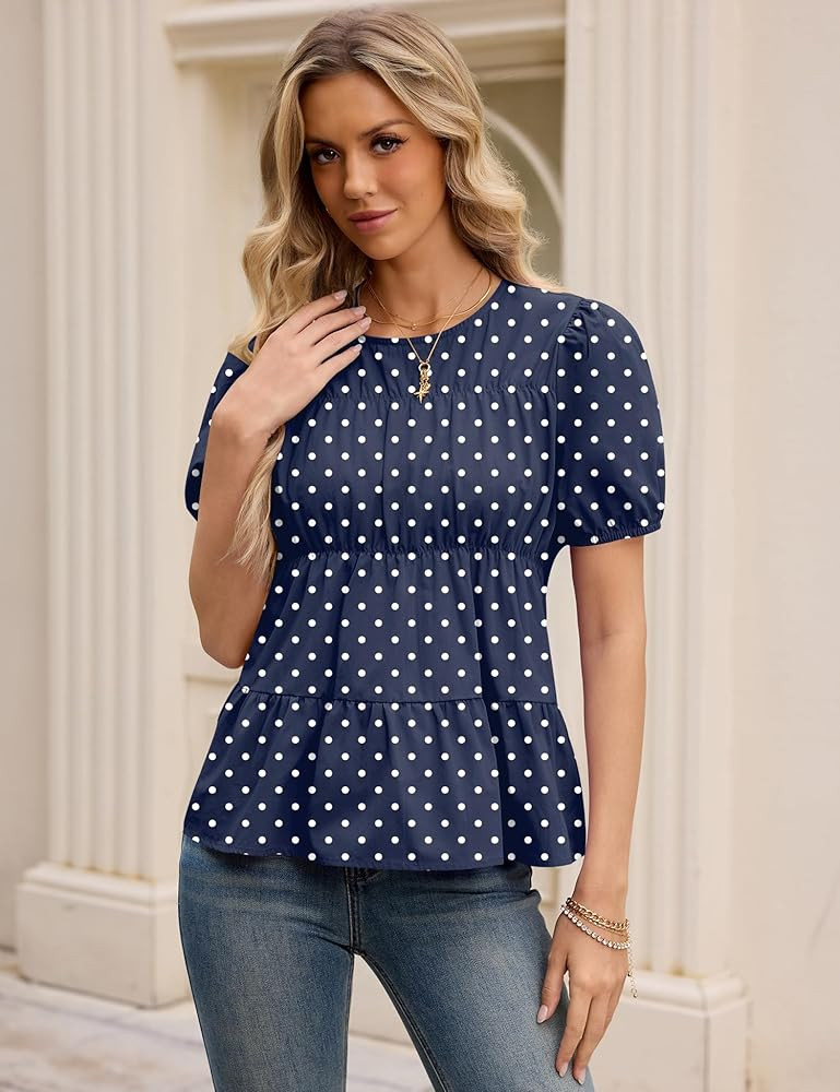 Rapbin Womens Puff Short Sleeve Babydoll Tops Summer Peplum Pleated Cotton T Shirts Casual Loose ... | Amazon (US)