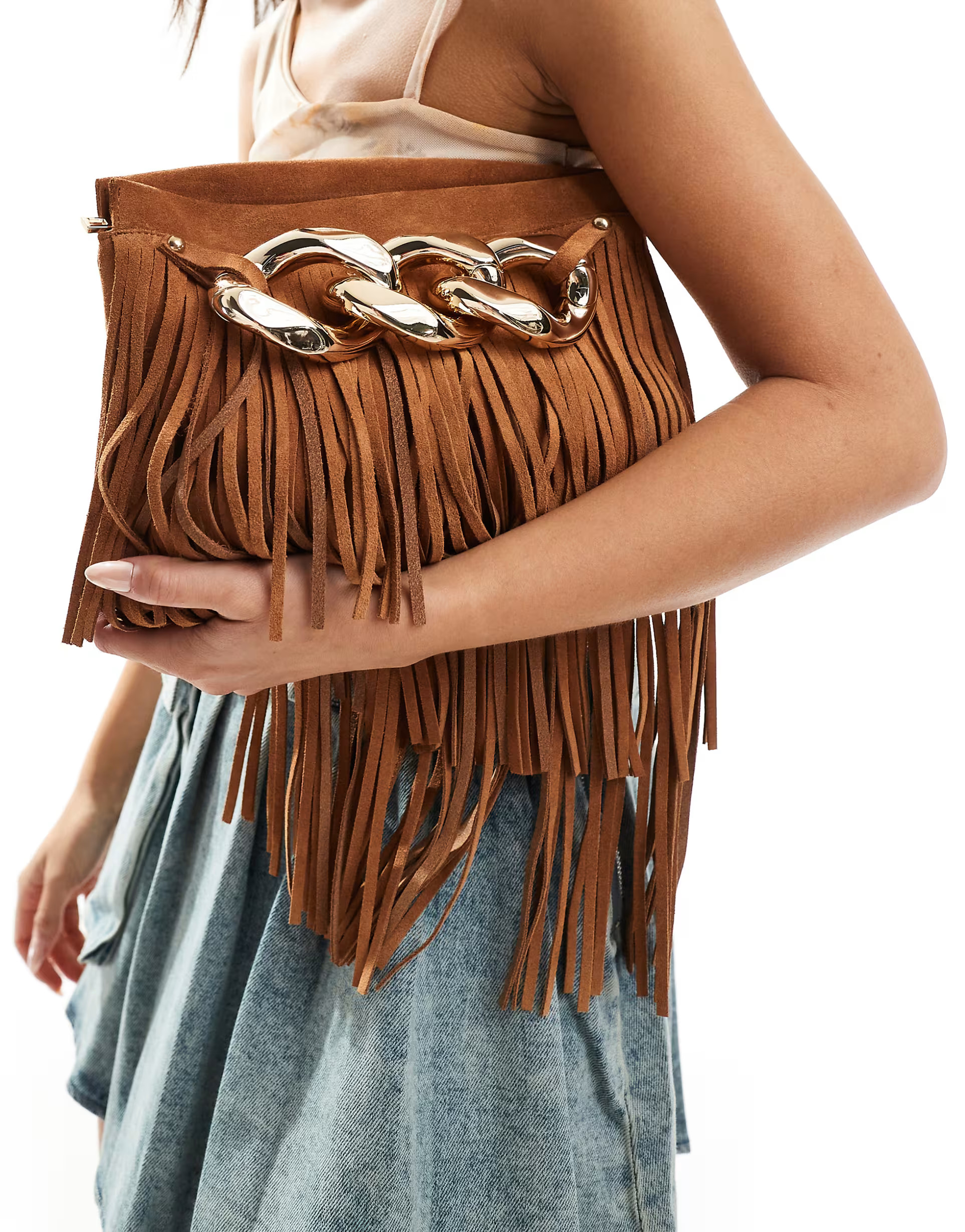ASOS DESIGN premium suede tassel clutch with chunky chain | ASOS (Global)