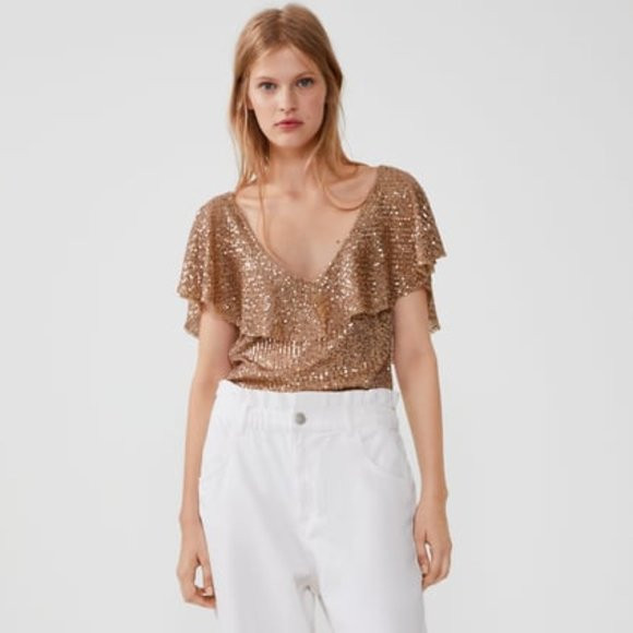 NWT Zara Size S Sequin Frilled Blouse Deep Cut | Poshmark