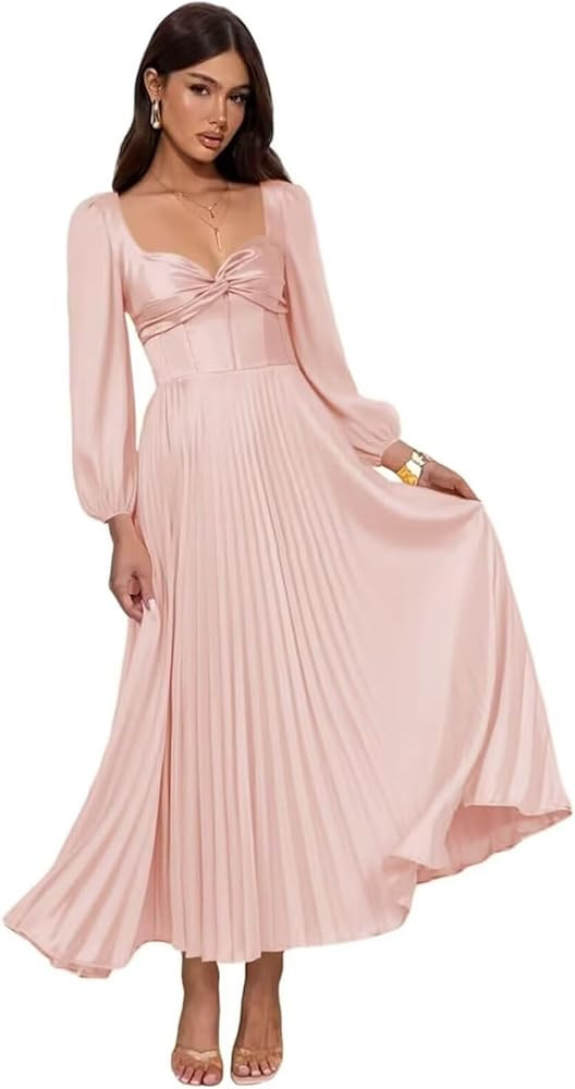 Long Sleeve Satin Bridesmaid Dresses for Women Pleated Formal Evening Party Gown | Amazon (US)
