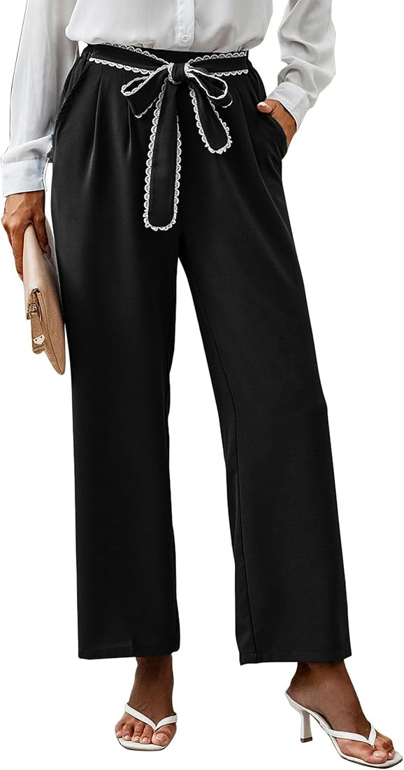 KIRUNDO Women’s Casual Straight Leg Pants Solid Color Elastic High Waist Lace Tie Trim Comfy Tr... | Amazon (US)