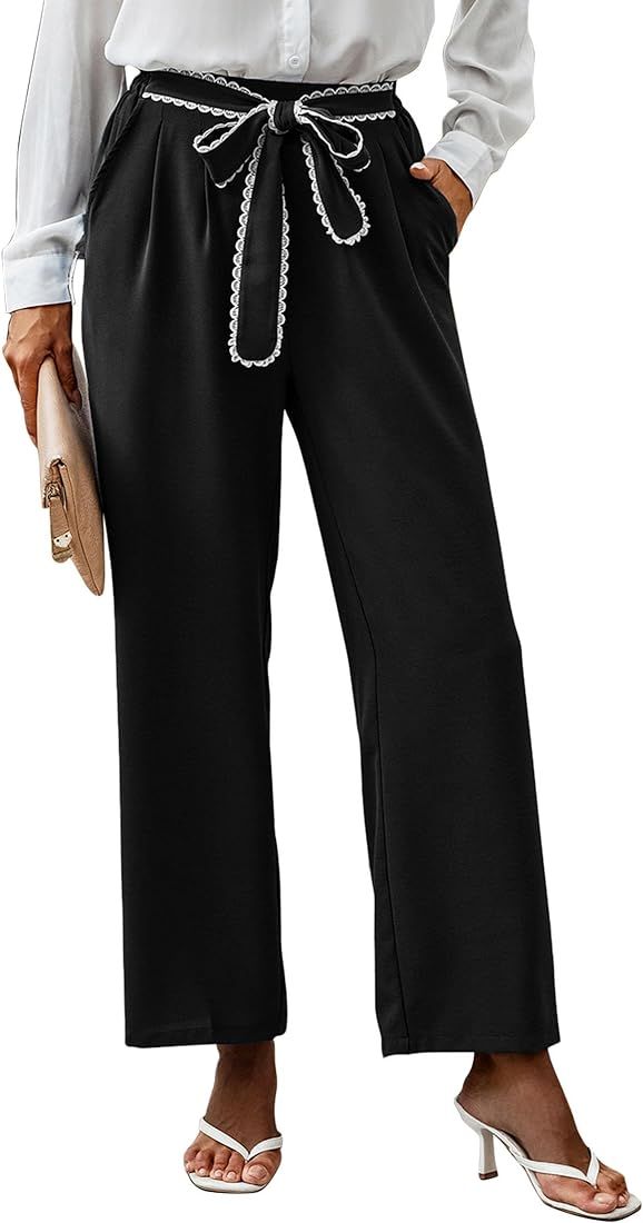 KIRUNDO Women’s Casual Straight Leg Pants Solid Color Elastic High Waist Lace Tie Trim Comfy Tr... | Amazon (US)