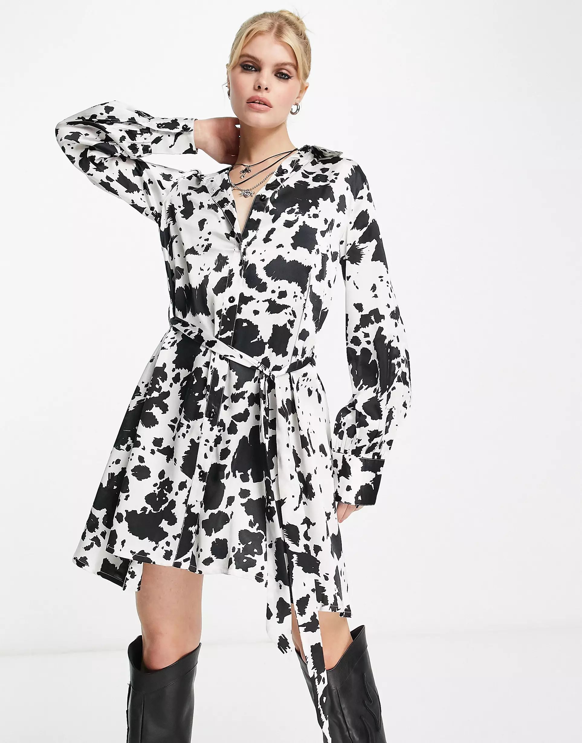 Violet Romance satin belted mini dress in cow print | ASOS (Global)