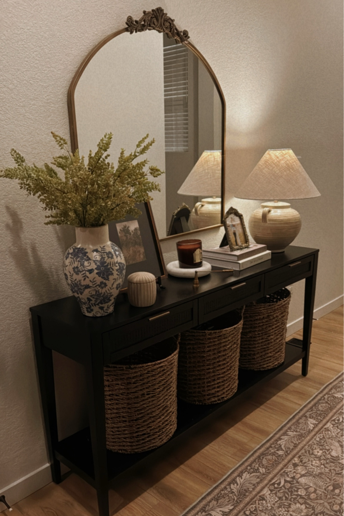 A cozy entryway table set up ✨ & yes -there are kids toys in those baskets 

#LTKHome #LTKKids #LTKFamily