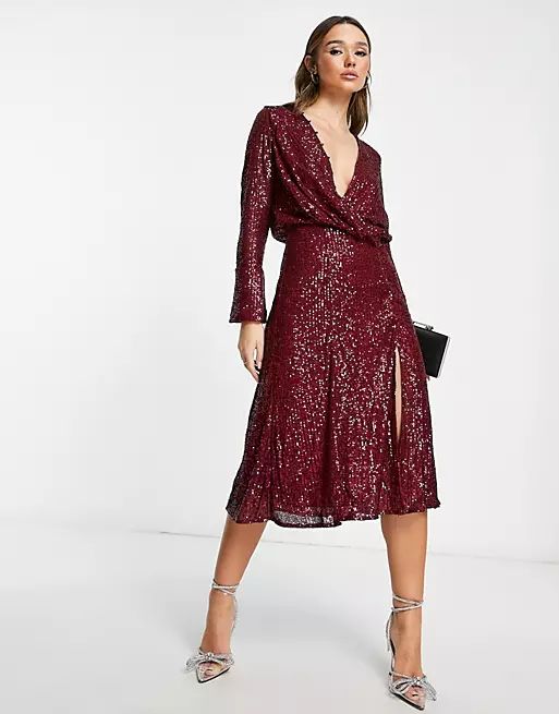 ASOS DESIGN embellished drape detail midi dress with button detail in berry | ASOS (Global)