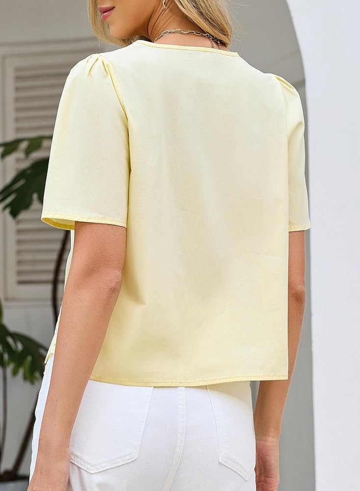 Dokotoo Womens Tie Front Tops Summer V-Neck Puff Short Sleeve Crop Tops Loose Fit Blouses Eyelet ... | Amazon (US)