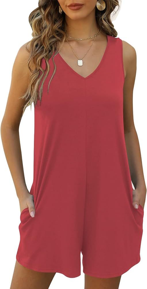 Nfsion Womens Summer V Neck Sleeveless Tank Top Short Jumpsuit Casual Beach Rompers with Pockets | Amazon (US)