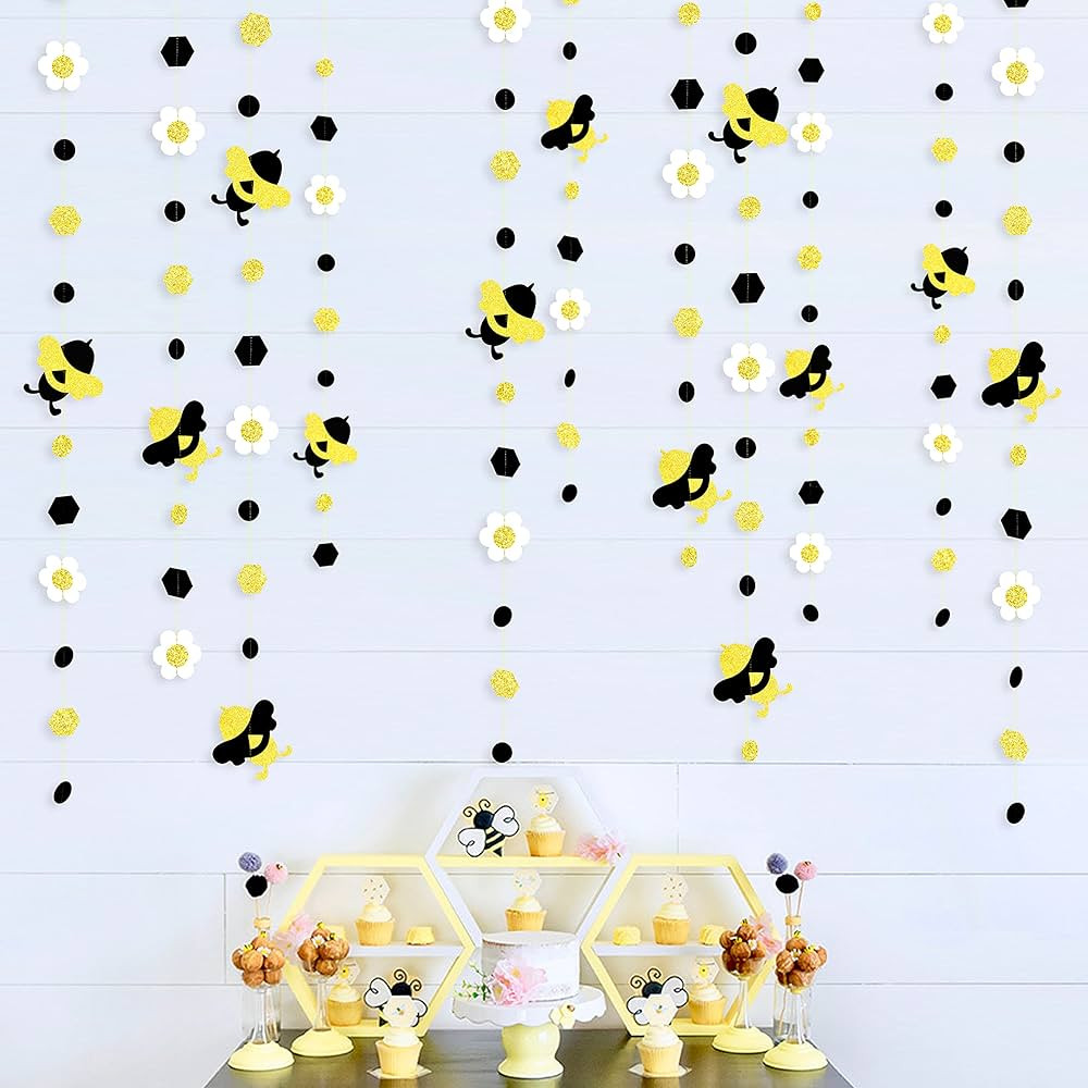 52Ft Black Gold White Bee Flower Circle Dot Banner Garland Glitter Honeycomb Bumble Gender Reveal... | Amazon (US)