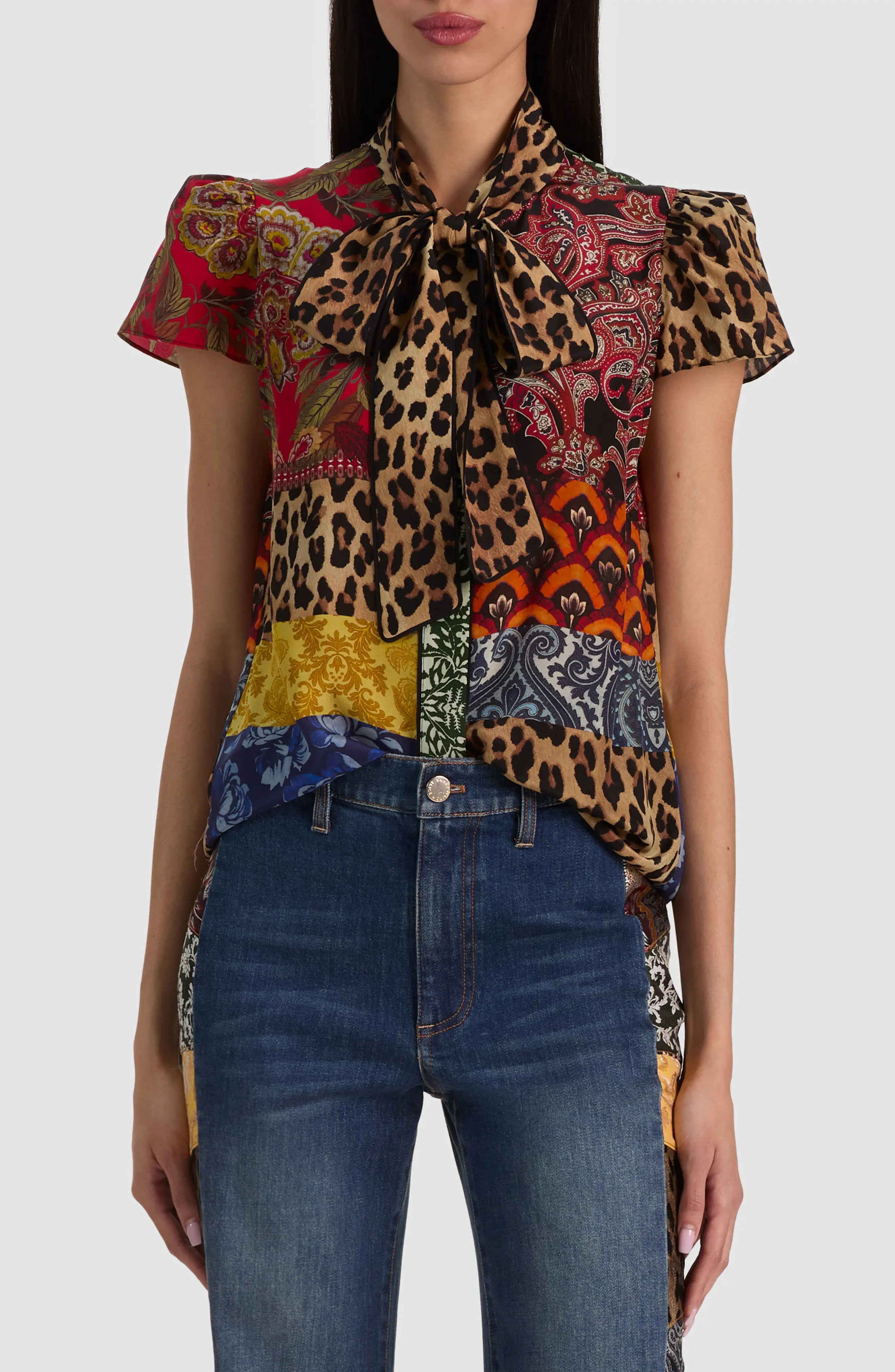 ALICE + OLIVIA Jeannie Piped Bow Silk Top (Women) | Nordstrom | Nordstrom
