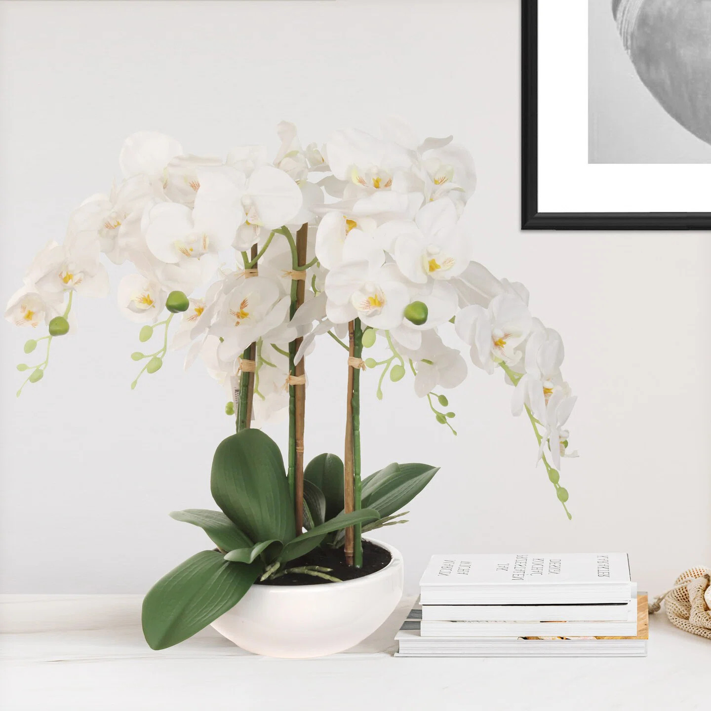 19"x13" White Phalaenopsis Orchid Arrangement In Bowl - Elegant Faux Floral Display For Home And ... | Wayfair North America