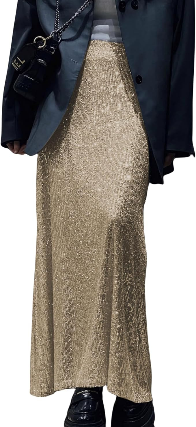 JUMISEE Women’s Silver Sequin Midi Skirt Stretchy High Waist Long Skirt Glitter Pencil Skirt fo... | Amazon (US)