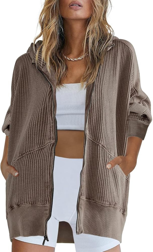 Yanekop Womens Waffle Knit Shacket Boyfriend Shirt Jacket Button Down Blouse Loose Fit Long Sleev... | Amazon (US)