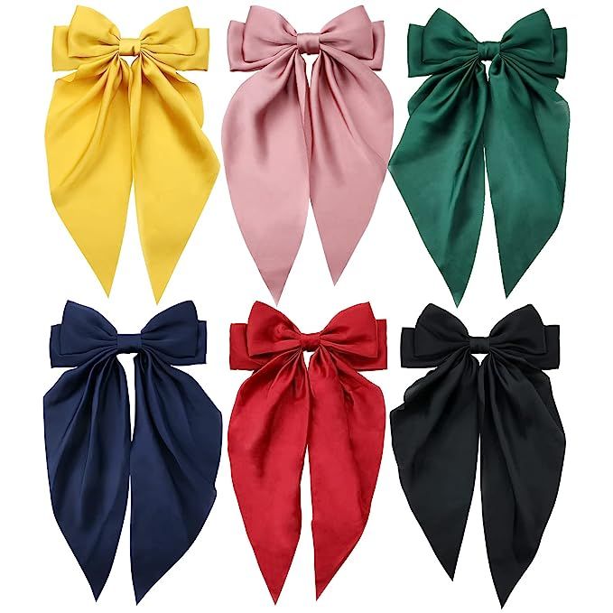 6 Pack Satin Large Hair Bows Big Oversized Giant Bow Hair Clips French Barrettes with Long Silky ... | Amazon (US)