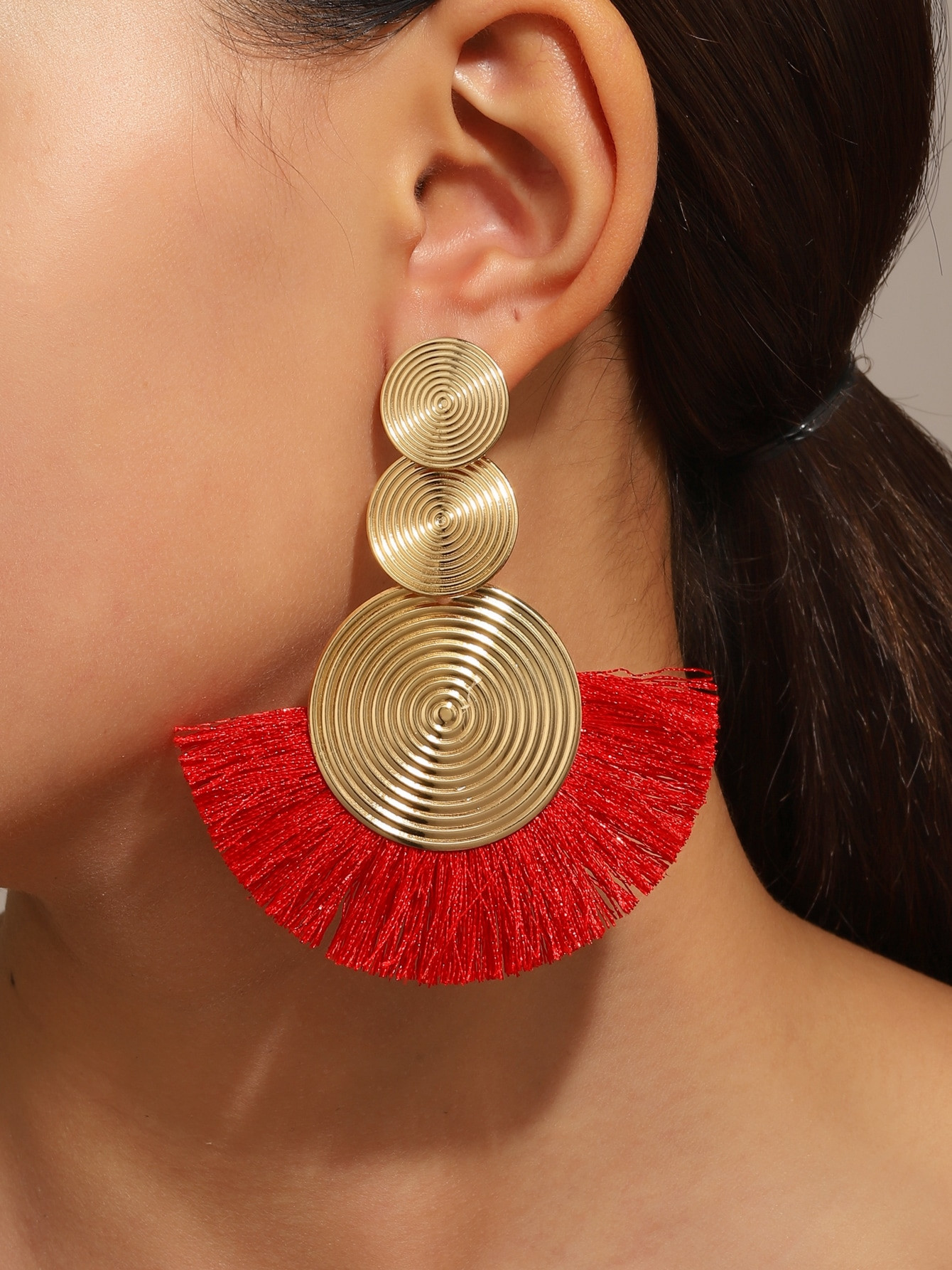 1pair Geometric Exaggerated Circles & Tassel Design Bohemian Style Fan Shaped Earrings For Women | SHEIN