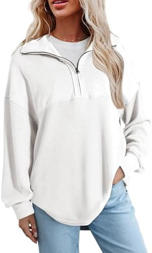 SHEWIN Womens Fall Sweatshirt Casual Waffle Knit Half Zip Pullover Loose Long Sleeve Tops | Amazon (US)